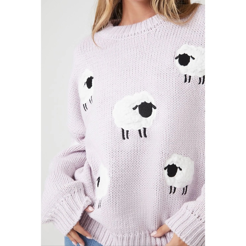 Forever 21 Sheep Chunky Fuzzy 3D Knit Lavender Drop Sleeve Oversized Sweater XS